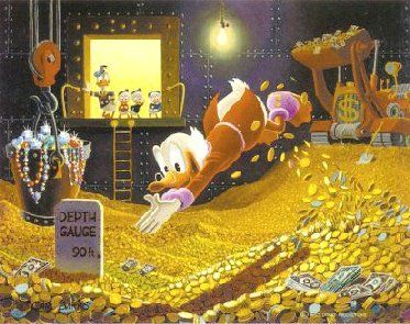 Image of Scrooge diving into his money bin