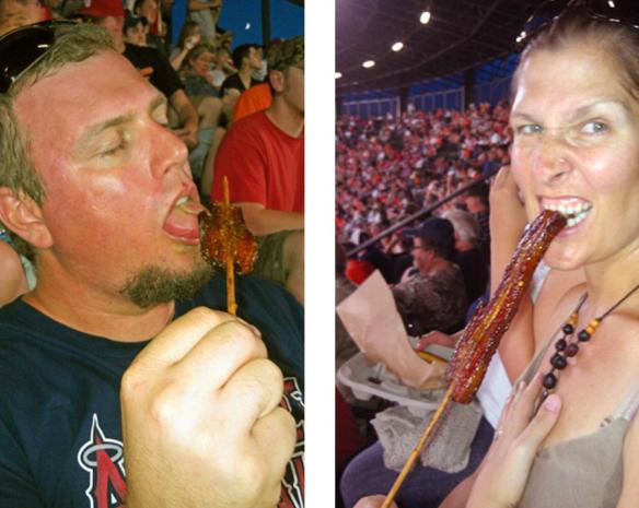 Image of people eating bacon on a stick