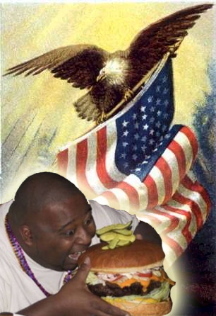 Image of fat man eating burger with American flag and eagle in background